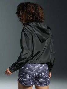 POWERISTA Powerista Dames Zwarte Letter Print Lange Mouw Ritssluiting Losse Casual Sportjas Voor Hardlopen & Dagelijkse Training