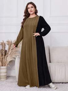 Al Najma Asymetryczna sukienka z długim rękawem w stylu "Distressed Colorblock", Plus Size, Jesień-Zima, Swobodne, Skromne sukienki w kształcie litery A o długości maxi, Na co dzień/podróż/do domu