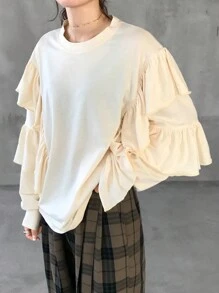 FRIFUL Camiseta Casual Solta Feminina de Manga Longa, Gola Redonda, Cor Sólida, com Recorte Franzido, Outono - Bege - Visão 6