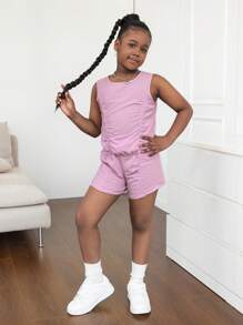 Conjunto de 2 piezas para niñas preadolescentes: top de tirantes acanalado de cuello redondo con pliegues y shorts, adecuado para salir, ir a la escuela y vacaciones de primavera/verano