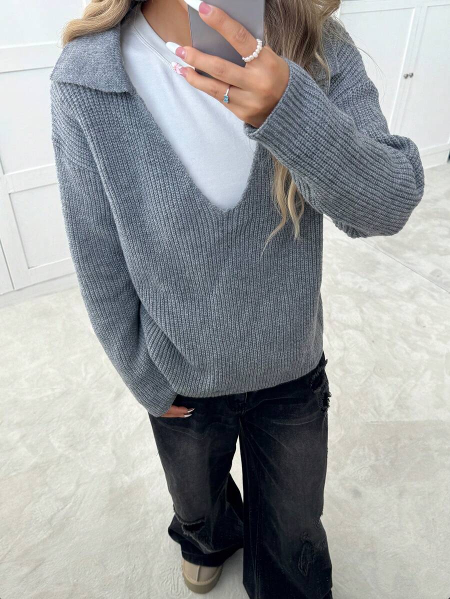 SHEIN EZwear Áo len chui đầu dài tay cổ chữ V sâu cho nữ, mặc hàng ngày - Xám - Xem 1