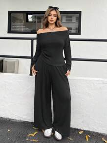 SHEIN EZwear 大码女式套装，露肩长袖纯色 T 恤和裤子，休闲两件套服装，秋季 - 黑色 - 查看 4