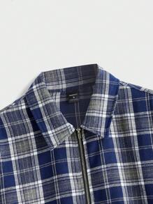 Manfinity VCAY 男士编织休闲格子长袖拉链衬衫，宽松版型日常年轻风格 - 藍色 - 查看 3