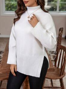 Calvaya Plus Turtleneck Drop Shoulder Split Hem Sweater, For Winter Knit Pullover Fall Sweater - White - View 6