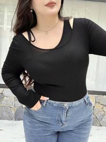 Dazy Plus Ribbed Elastic Fitted Belt Solid Color Long Sleeve Black T-Shirt, Spring/Summer/Autumn