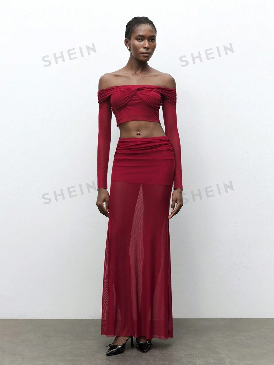 Maija Nuevo top de malla con hombros descubiertos rojo de invierno, para mujer, con estilo urbano y sexy. Conjunto de punto casual, elegante y moderno, apto para salidas, vacaciones, fiestas y vestirse en el Día de San Valentín