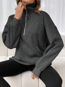 INAWLY Women Stand Collar Half Zipper Sweatshirt Solid Color Pocket Design, Casual And Fashionable For Daily Wear , Graduation, Teachers For Women, Back To School Pullover Fall - Dark Grey - View 3