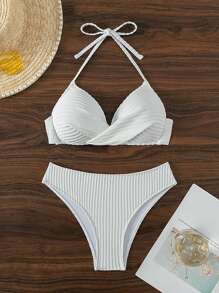 SHEIN Swim Women Texture Fabric Sexy Vacation Halter Push-Up Backless Bowknot Bikini Set Summer