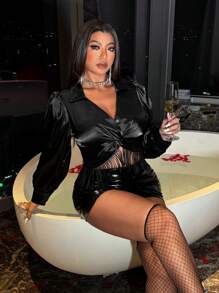 Allurite Plus Size Women's Black Satin V-Neck Long Sleeve Blouse With Tassel, Elegant And Sexy For Formal Occasions Valentine's Day