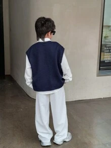 SHEIN Buy 2 Get 1 Free: Tween Boy Casual Korean Style Loose Fit Comfortable, Fashionable & Versatile Long Sleeve Collared Shirt, Button Down Blouse, Textured Vest And White Long Pants Outfit Set, Suitable For Back To School, Daily Wear, Travel, Sports, Autumn/Winter - White - View 2