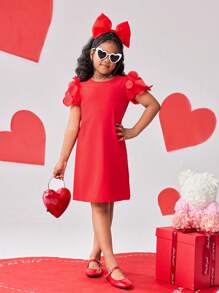 Vestido línea A con cuello redondo para niñas preadolescentes, con decoración de malla 3D y parches, en color rojo, adecuado para Año Nuevo, salidas, fiestas y todas las estaciones