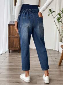 SHEIN Maternity Knit Belly Support Blue Denim Slim Tapered Pants - Blue - View 2