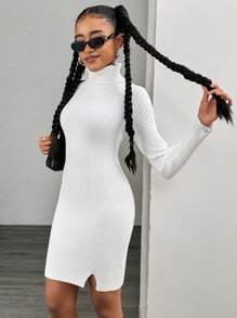 Teen Girls Bodycon Super Elastic High Neck Short Rib Knit Split Hem Sweater Dress, Suitable For Shopping And Layering In Autumn/Winter - White - View 3