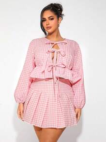 SHEIN SXY Plus Size Women Plaid Cardigan With Tie Cuffs And Plaid Pleated Mini Skirt 2 Pieces Set