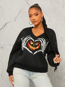 SHEIN SXY Nightclub Halloween Hand Pumpkin Face Print V-Neck Long Sleeve Sweatshirt In Fall/Winter - Black - View 5