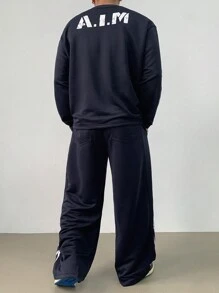 DAZY Conjunto de camiseta de manga larga y pantalón casual de impresión digital para hombres - Azul Marino - Ver 2