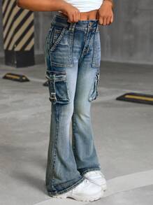 SHEIN Quần jeans ống loe denim túi hộp cổ điển cho bé gái tuổi teen Y2K, trang phục mùa thu, thời trang dạo phố khi trở lại trường - Rửa trung bình - Xem 5