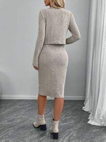 SHEIN LUNE Women Simple Solid Color Round Neck Pullover Long Sleeve Top And Skirt 2 Pieces Set - Apricot - View 2