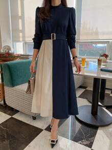 DAZY Vestido de gasa elegante con empalme de color contrastante, vestido de otoño - Azul Marino - Ver 1