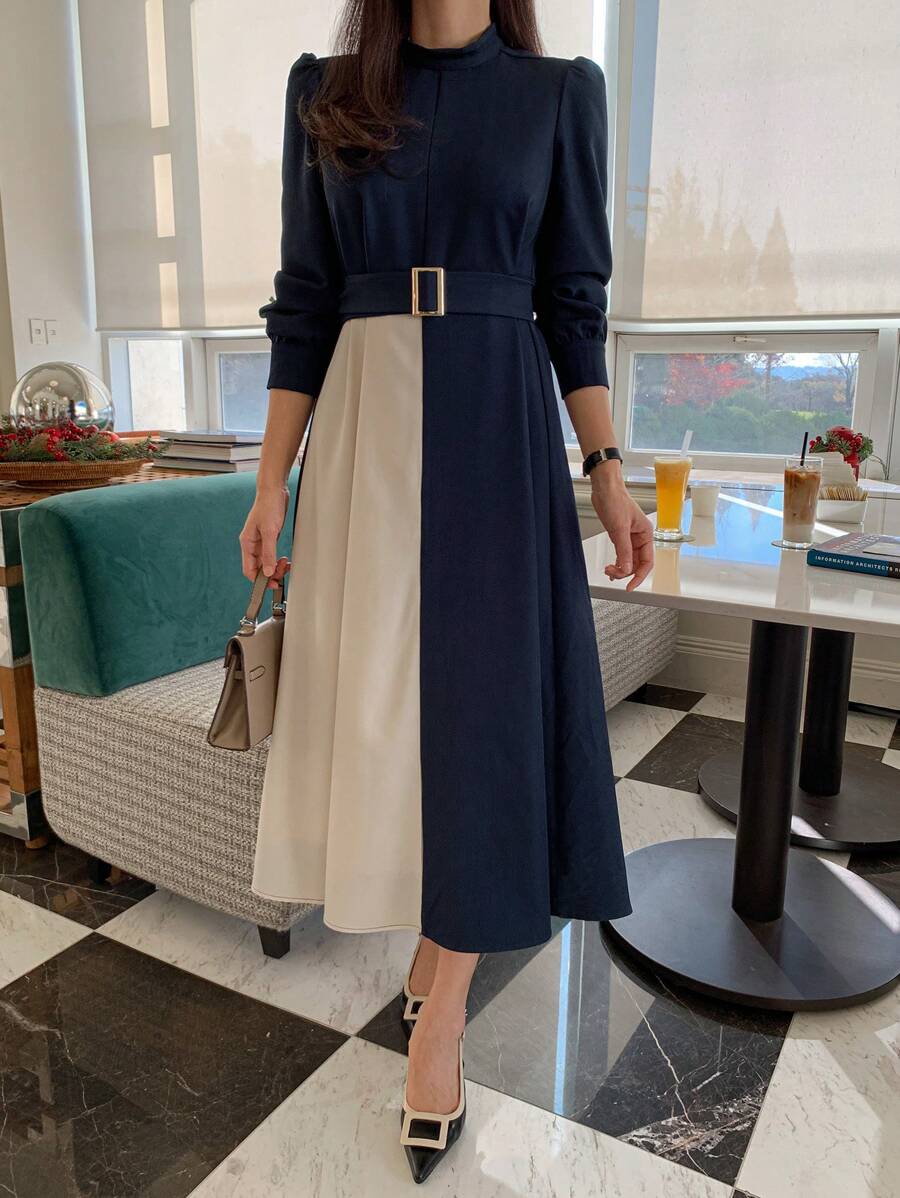 DAZY Vestido de gasa elegante con empalme de color contrastante, vestido de otoño - Azul Marino - Ver 1