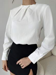 Firerie 女士百褶领长袖修身衬衫，简约设计，适合通勤和办公室穿着 - 白色 - 查看 8