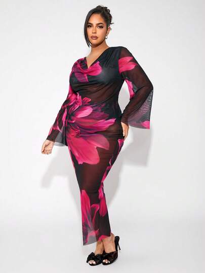 SHEIN SXY Plus Size Women 2pcs/Set Turtleneck Floral Print Mesh Top And Floral Print Skirt,Suitable For Daily Wear, Dates,Prom, Parties, New Year Gatherings, Banquets,Cocktail, Elegant, Body Modification And Body Curves