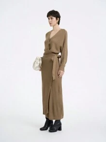 SHEIN LUNE 优雅卡其色交叉带 V 领肩袖女式毛衣连衣裙 - 卡其色 - 查看 5