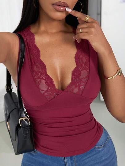 INAWLY Elegant Sexy Solid Color Lace Trim Deep V-Neck Camisole