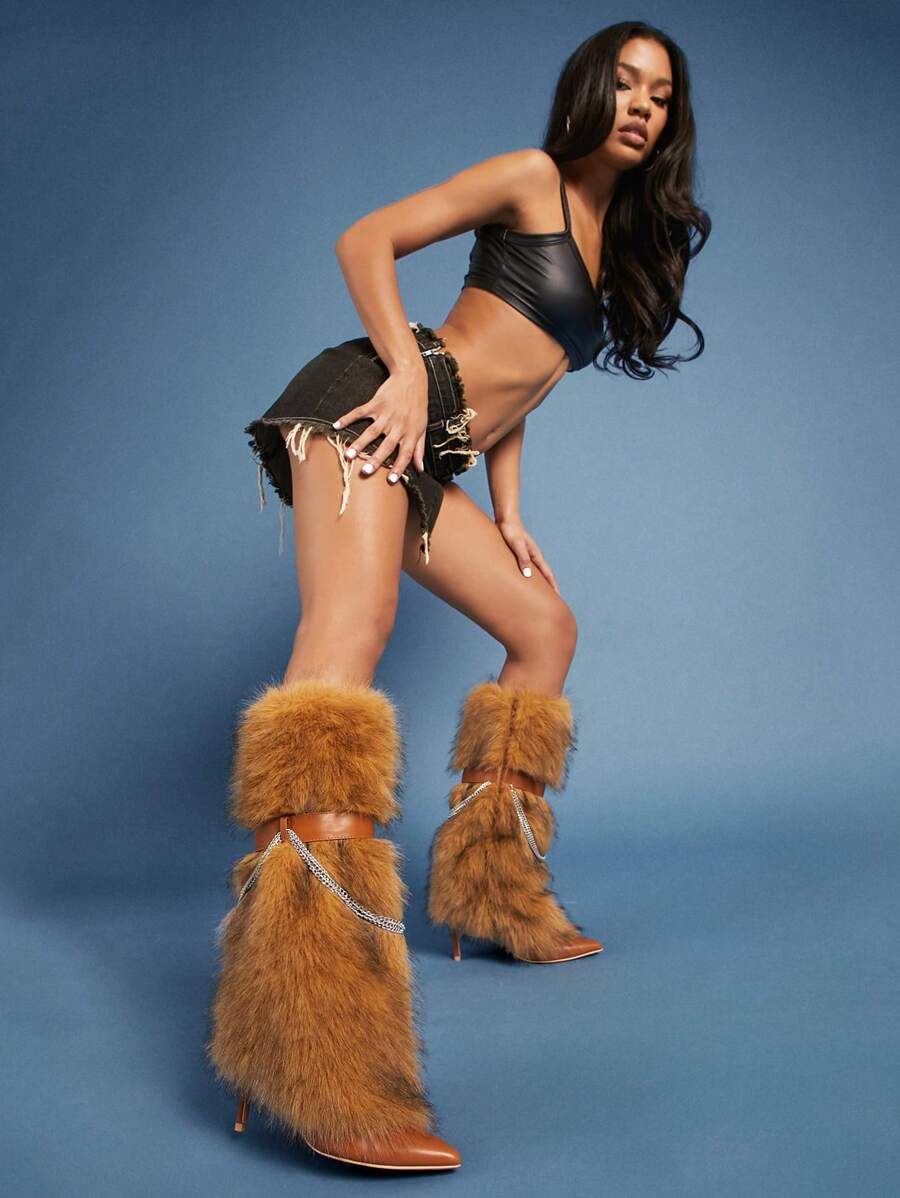 SHUZIA New Fluffy Vegan Leather Zipper Pointed Toe, Chain Decor Heeled Boots Holiday Vacay Vibe For And Summer Shoes Spring Shoes Spring Break Easter