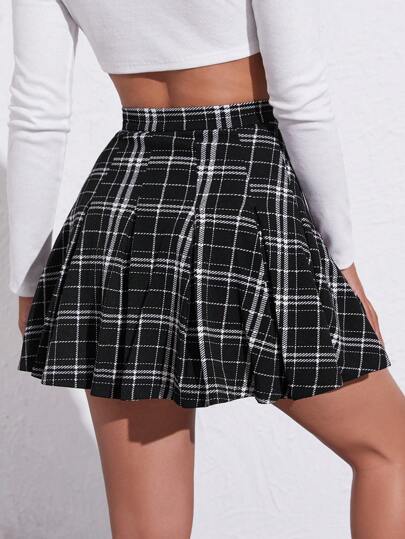Zipper Side Plaid Pleated Skirt