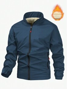 Manfinity Homme Áo khoác ấm có khóa kéo co giãn màu trơn tối giản dành cho nam - Màu xanh hải quân - Xem 1