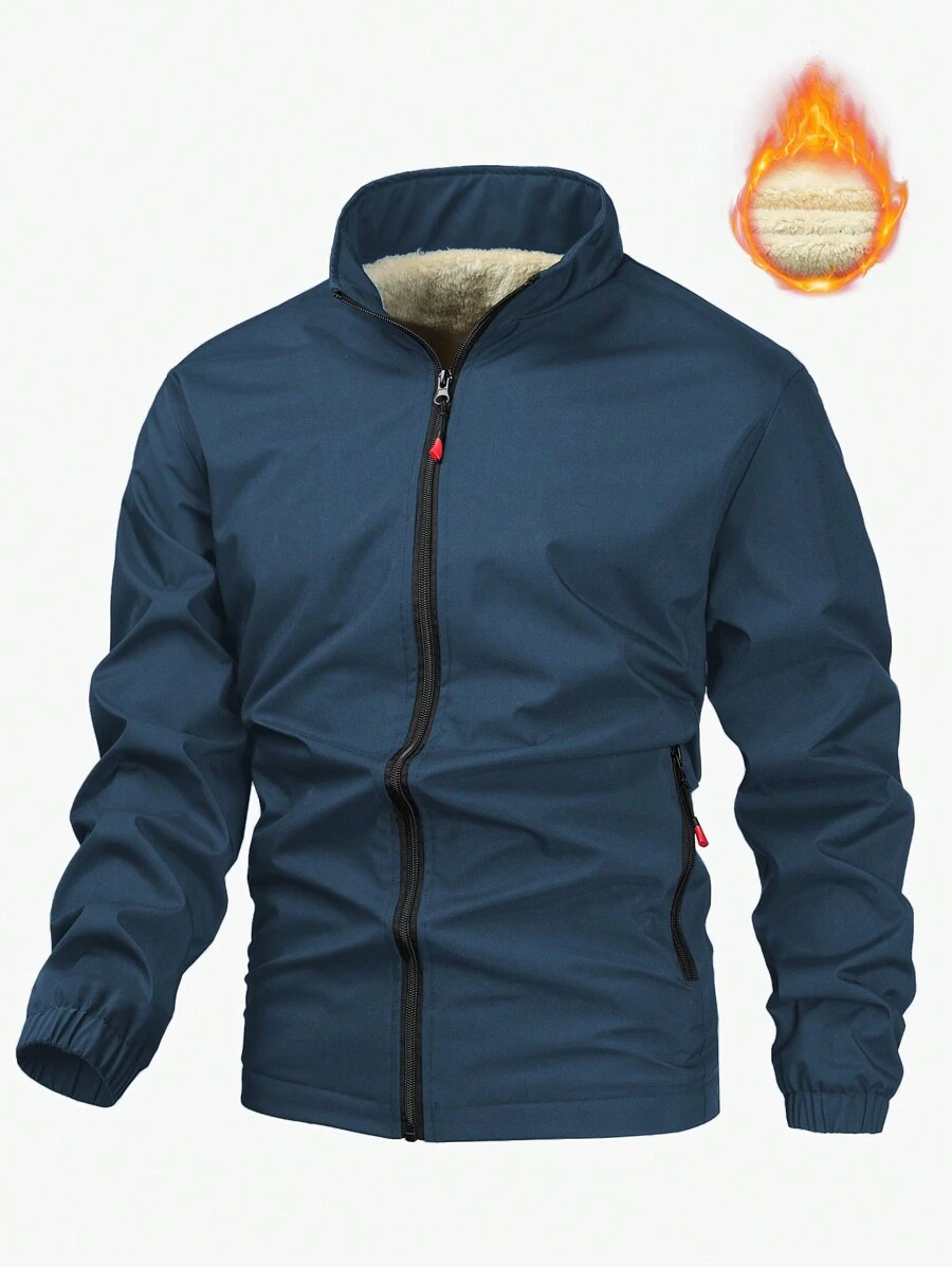 Manfinity Homme Áo khoác ấm có khóa kéo co giãn màu trơn tối giản dành cho nam - Màu xanh hải quân - Xem 1