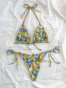 Soleia Women's Lemon Fruit Print Tie-Up Bikini Two Pieces Set, Swim Suits For Women, Vacation Outfit Women, Summer Outfits For Women, Beach Outfits For Women, Cute, Kawaii