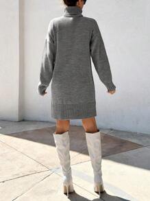 EURMUSE Women High Neck Loose Fit Dropped Shoulder Knit Sweater Dress, Casual For Autumn & Winter - Dark Grey - View 6