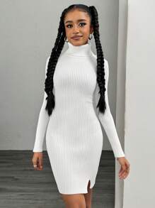 Teen Girls Bodycon Super Elastic High Neck Short Rib Knit Split Hem Sweater Dress, Suitable For Shopping And Layering In Autumn/Winter - White - View 6