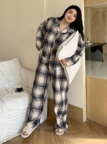 Dazy Plus Conjunto de pijama de camisa y pantalones holgados de estilo casual para mujer de talla grande, adecuado para todas las estaciones, ropa cómoda, prendas de otoño e invierno - Neblina azul - Ver 4