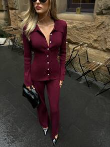 Aloruh 女士春秋冬优雅商务通勤套装酒红色休闲简约针织毛衣套装安科拉红色毛衣2件套酒红色针织开衫与裤子套装