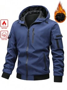 Manfinity Homme 男士休闲抽绳连帽保暖工装夹克，秋冬季，外出连帽爸爸和我长袖拼色夹克，送给朋友、丈夫、男朋友的礼物