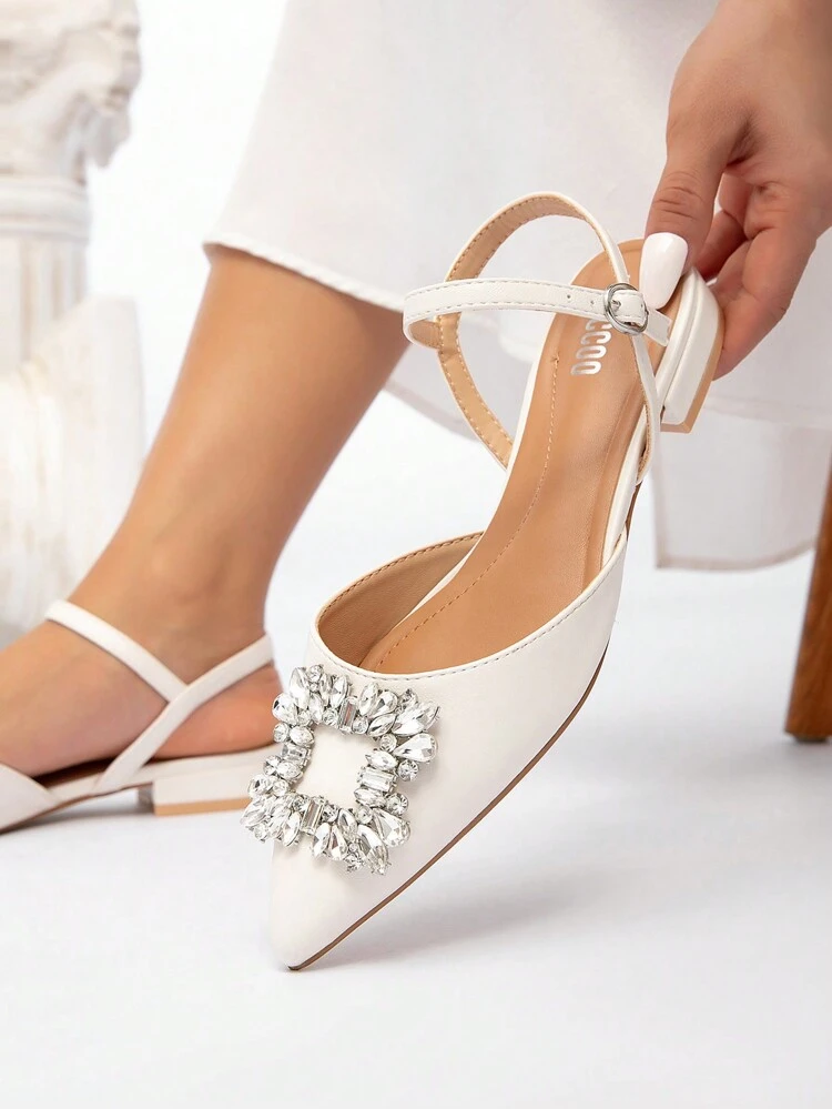 CUCCOO CHICEST Women's Elegant Rhinestone Embellished Pointed Toe Flats, Fashionable And Comfortable PU Leather Classics White Backless Slip-On Shoes, Versatile For Work, Commute, Party, Afternoon Tea Summer Break Easter For Christmas Elegant Shoes Wedding Shoes Summer Shoes Bride Shoes