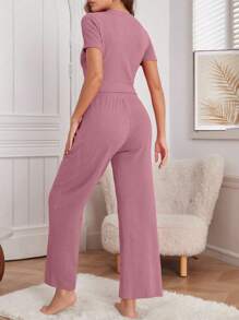 Solid Tee & Tie Waist Wide Leg Trousers Lounge Set - Dusty Pink - View 2