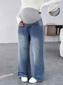 SHEIN Maternity Grey Knit Patchwork Snow Flake & Blue Jean Wide Leg Loose Pants - Blue - View 1