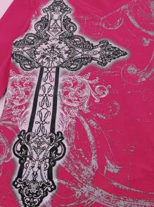 ROMWE Goth Camiseta de manga larga con cuello en V casual de color rosa con estampa cruzada, para otoño