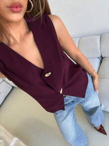 Aloruh Top de chaleco de mujer de uso diario y para la oficina, elegante y sexy, con escote profundo en V y hebilla de metal decorativa, en color burdeos