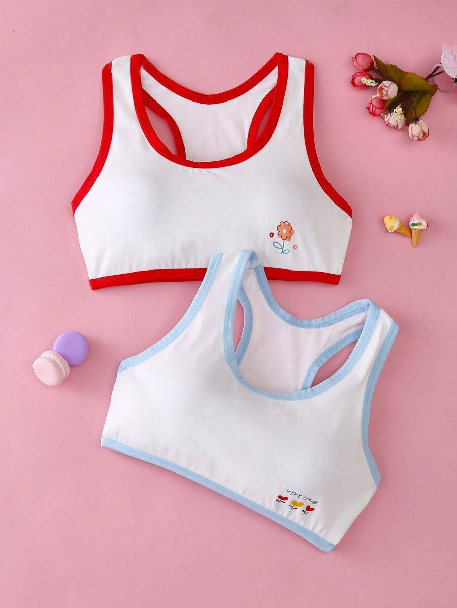Set de 2 piezas sujetador y camiseta de algodón puro con estampado floral, que corrige la forma del busto y es cómodo para niñas en crecimiento - Multicolor - Ver 1