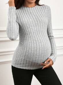 SHEIN Koszulka ciążowa w jednolitym kolorze, z okrągłym dekoltem i długim rękawem, prążkowana, swobodna, jesień