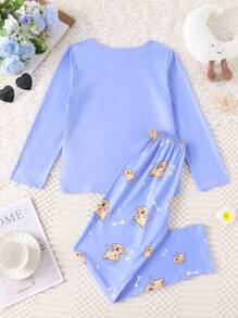 女孩可爱小狗印花简约上衣和裤子睡衣套装