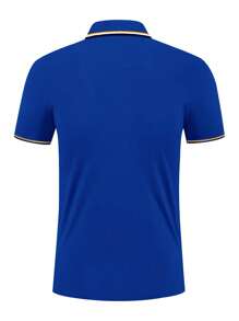Manfinity Dauomo Kemeja Polo Kasual Lengan Pendek Pria dengan Trim Kontras dan Kancing Depan, untuk Golf - Royal Blue - View 2