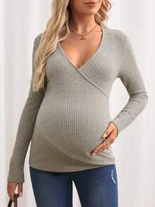 SHEIN Pregnant Women Solid V-Neck Long Sleeve Slim Fit Casual Top