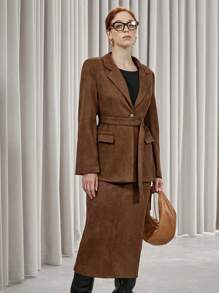 SHEIN Privé Women's Faux Suede Fur Collar Long Sleeve Jacket And Long Skirt Elegant 2 Pieces Set Fall Cloth For Women - Brown - View 4