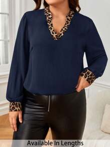 SHEIN Tall CURVE Plus Leopard Print Lantern Sleeve Blouse - Navy Blue - View 1